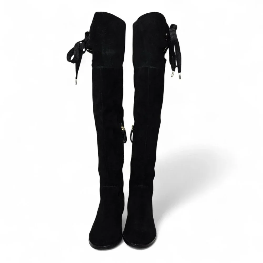 Kate Spade New York Over The Knee Boots Women's Black‎ Suede Gold Trim Tall 5M